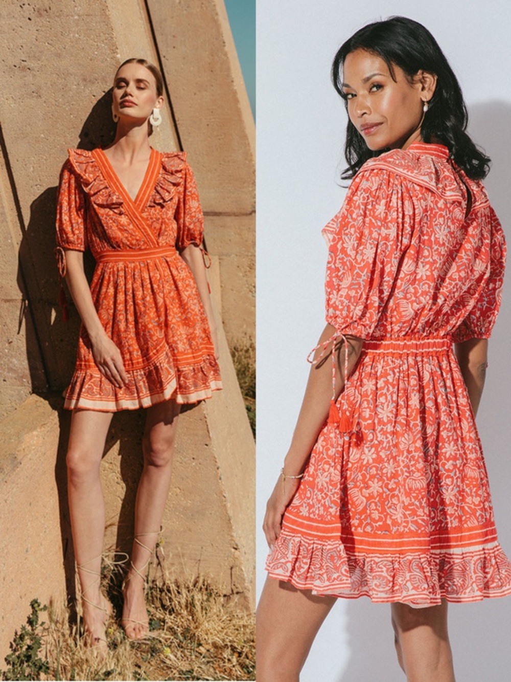 Cleobella Blair Ruffle Mini Dress in Block Print Red Orange Size XS